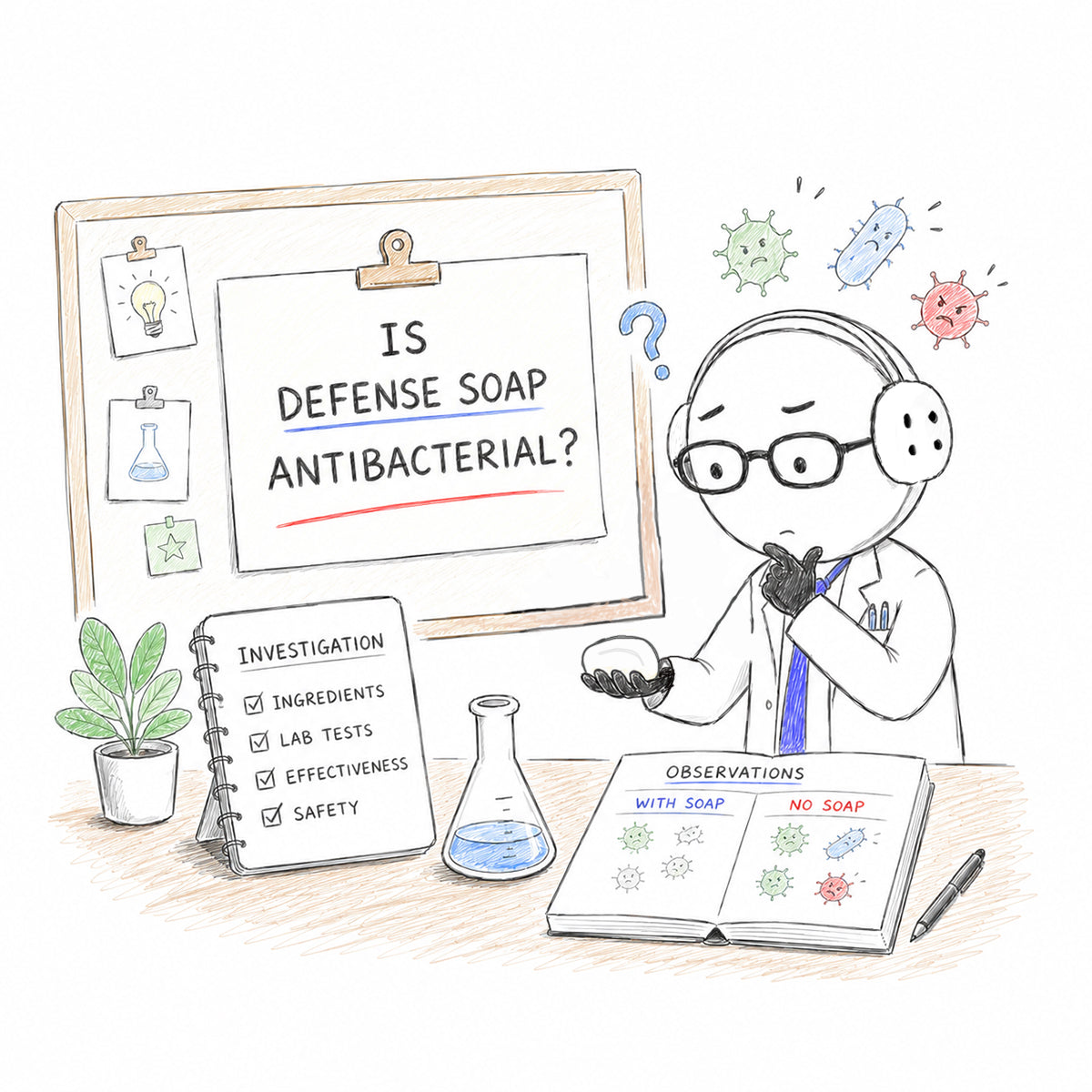 Soaptoshi pondering in his lab about antibacterial soap