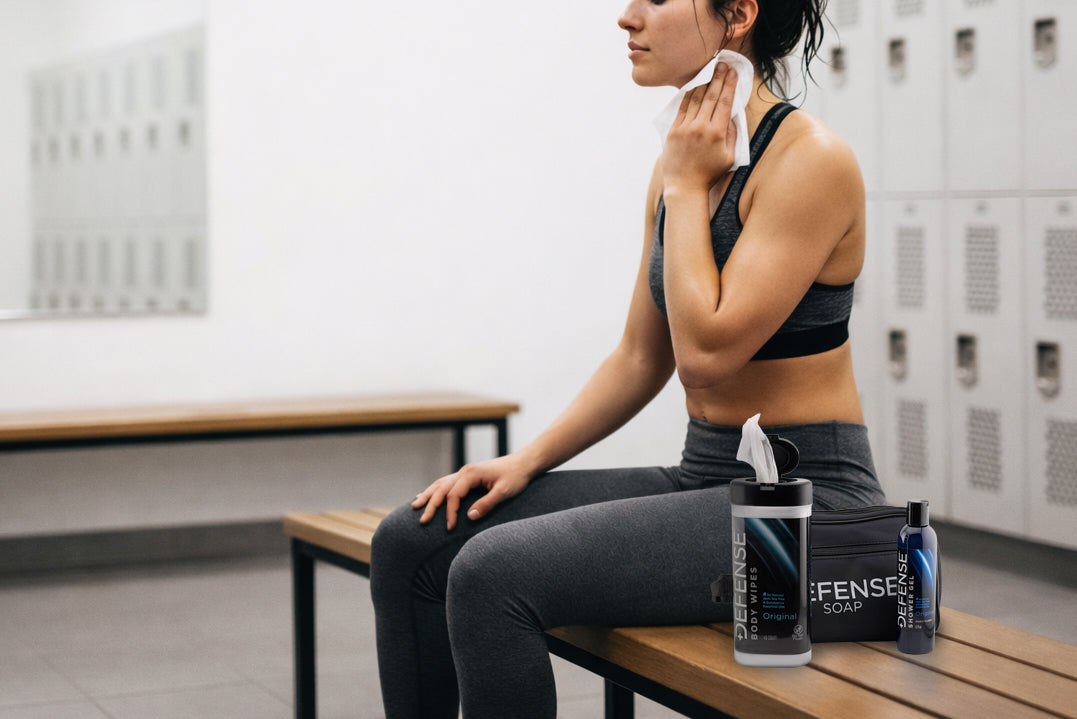 Female athlete wiping sweat with a Defense Soap body wipe after training.