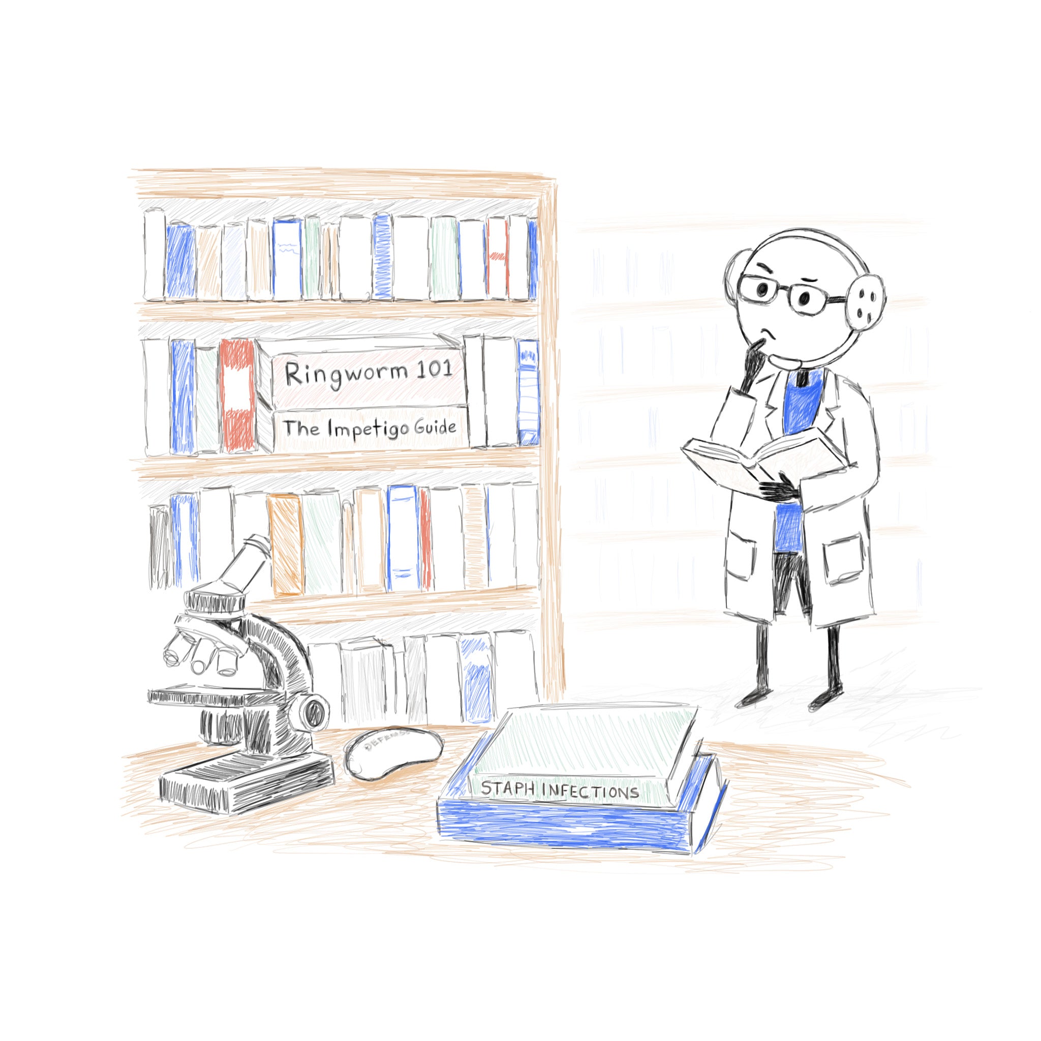 Soaptoshi in a lab coat studying skin infection resources including books on ringworm and impetigo with a microscope