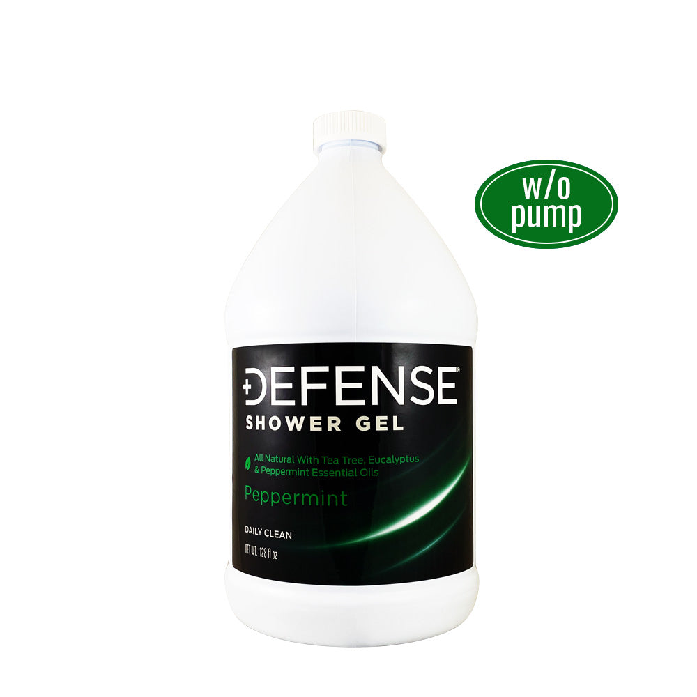 Defense Shower Gel bottle with peppermint flavor on a white background