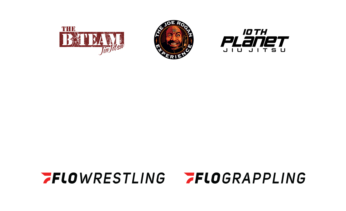 A white graphic background featuring a series of sponsor and partner logos. The top row includes 'THE BTEAM', 'THE JOE ROGAN EXPERIENCE', '10TH PLANET JIU JITSU', and the bottom row includes 'FLOWRESTLING', AND 'FLOGRAPPLING'. 